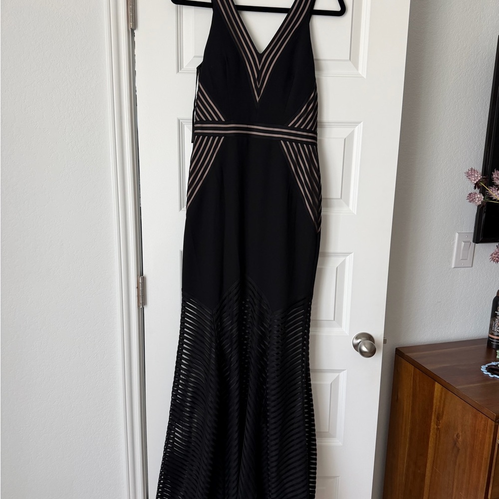 Xscape Black Maxi Formal Dress with Sheer Stripe Insets